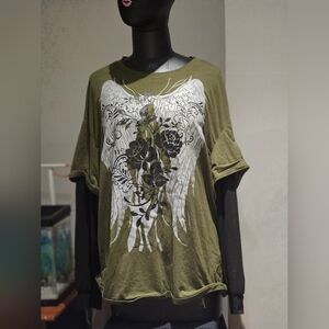 Olive Graphic Tee with Angel Wings